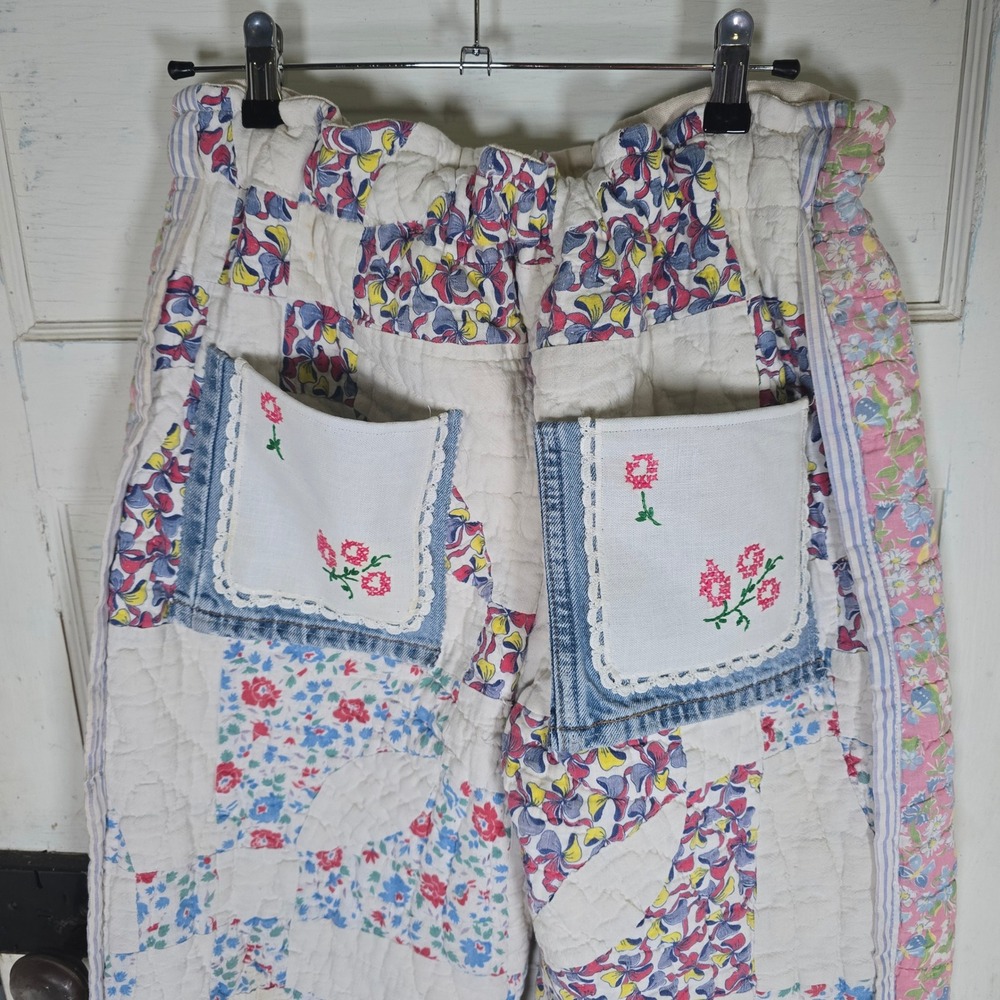 Handmade upcycled vintage quilt pants with embroidered doilie‎ pockets OS - Picture 5 of 9